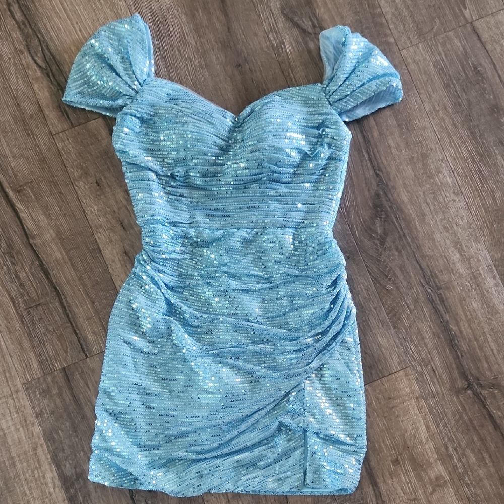 Blue Sequin Off-Shoulder Dress